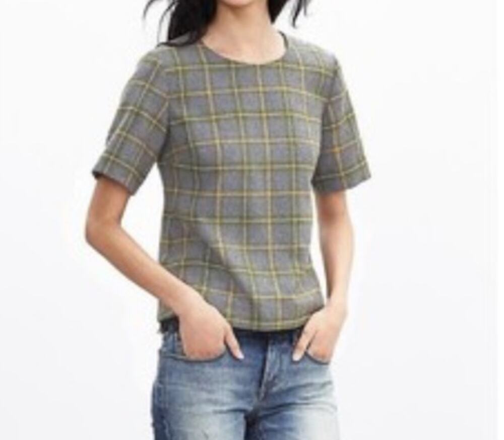 Banana Republic Gray Plaid Lace Trim Tweed Boxy Wool Blend Top XL-Preppy, Work